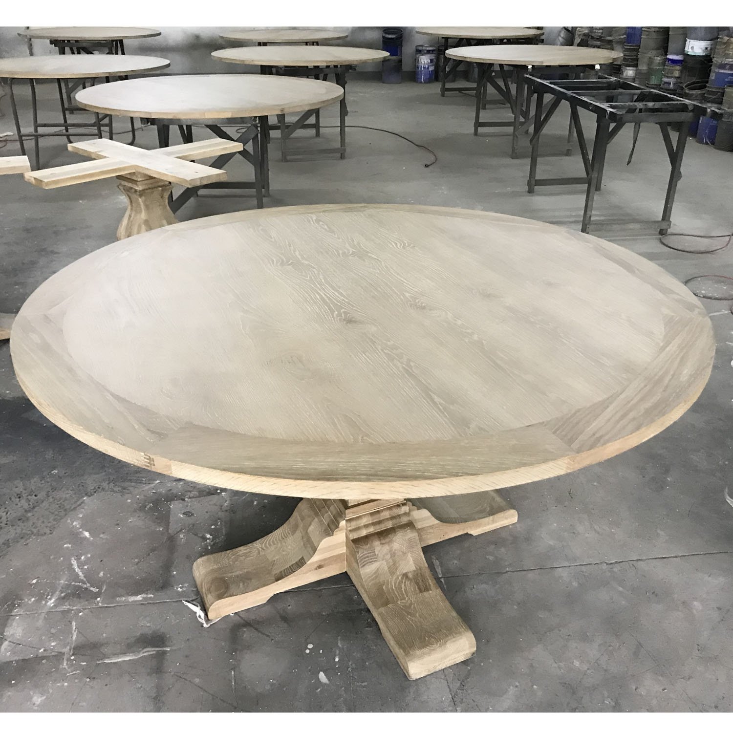 MRS WOODS Event rental wedding large oak wooden round dining table