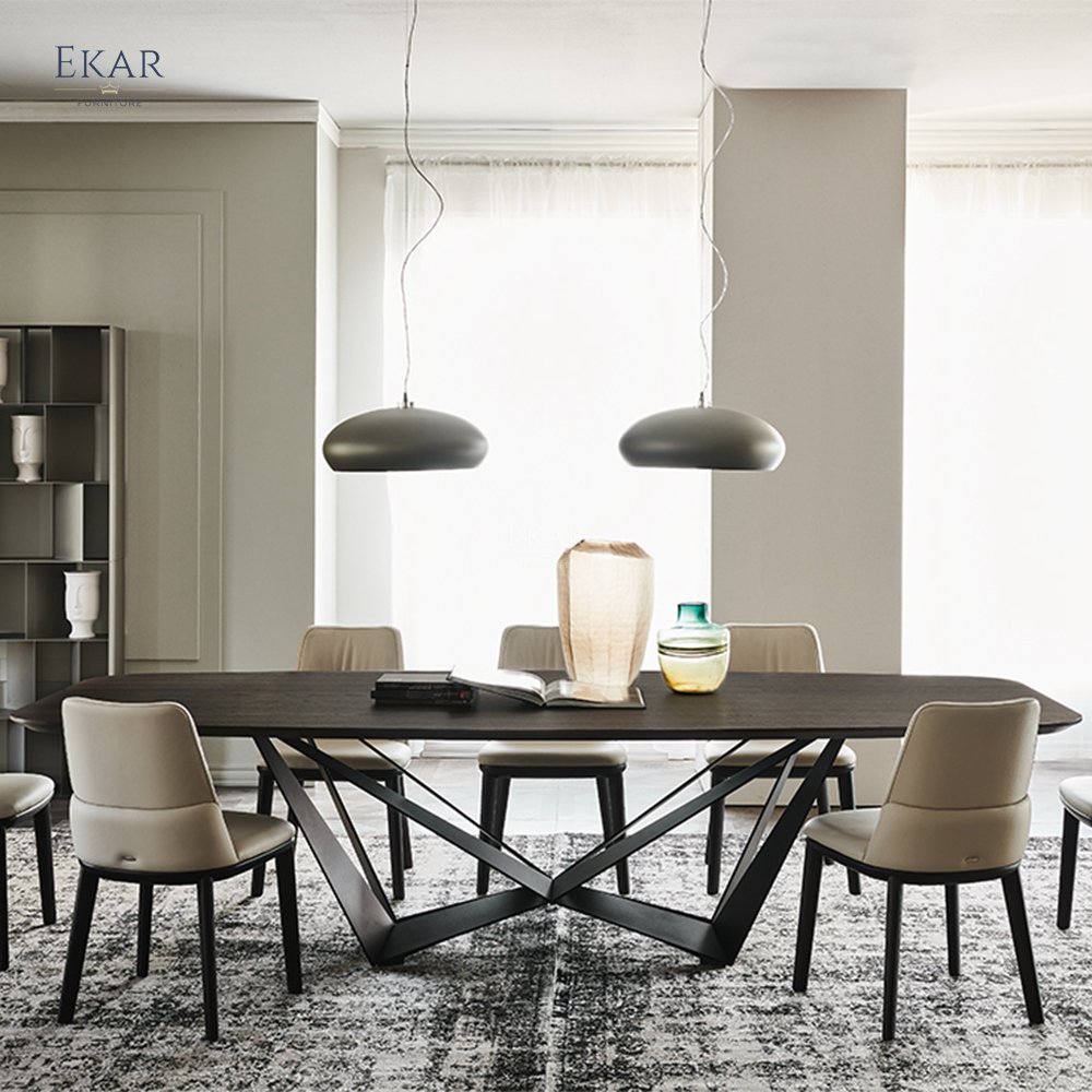 South American Style Modern Simple Rectangle Personality Metal Base Table Walnut Wooden Top Dining Table / kitchen table