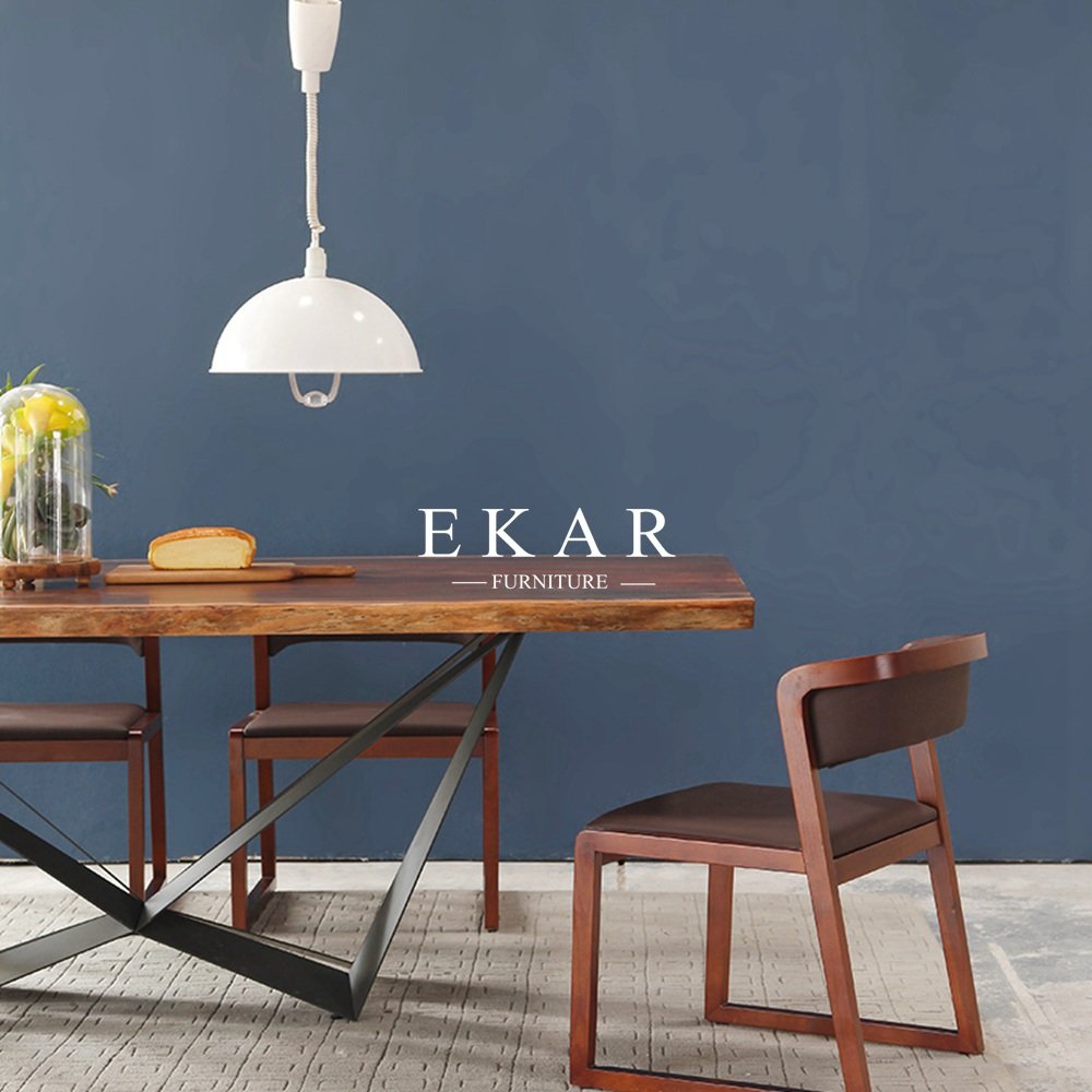 South American Style Modern Simple Rectangle Personality Metal Base Table Walnut Wooden Top Dining Table / kitchen table