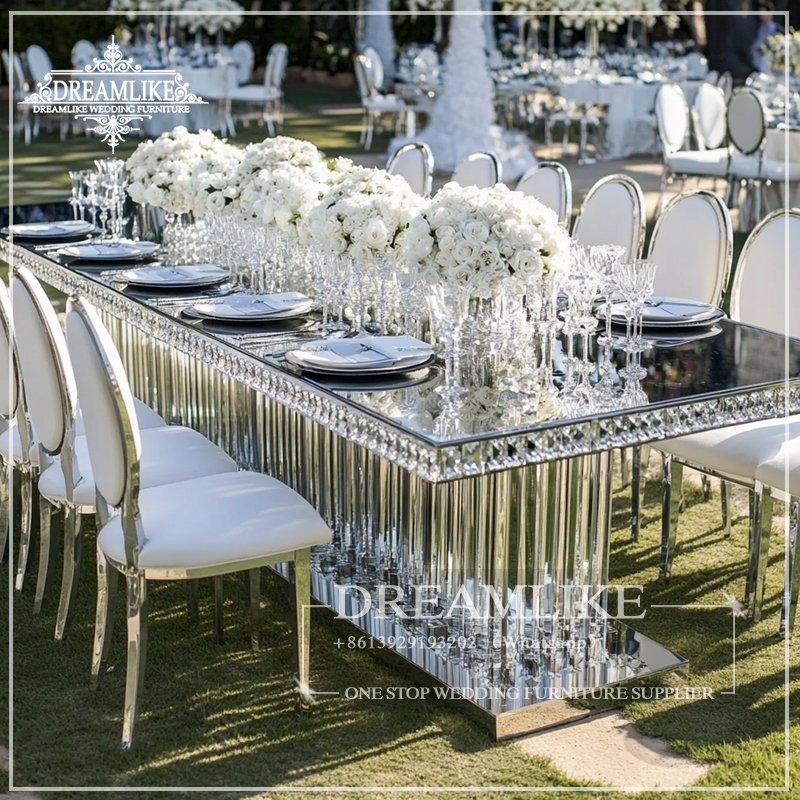 stainless steel mirror glass table rectangular glass table party banquet wedding table and chairs
