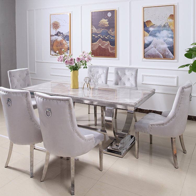Hot-sale dining room furniture Marble table top Stainless steel table marble dining table set and chair combination