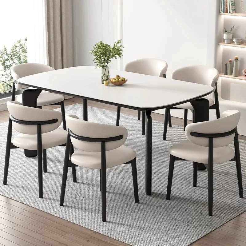 Modern Simple Light Luxury Rock Slab Dinning Table Set For 6 Chairs Solid Wood Frame Rectangular Restaurant Hotel Dining Table