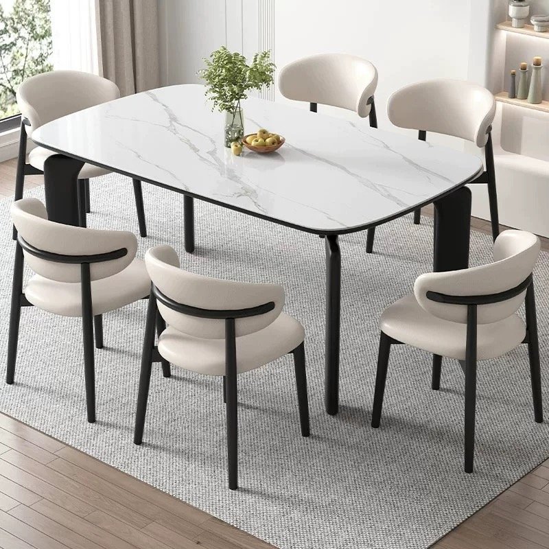 Modern Simple Light Luxury Rock Slab Dinning Table Set For 6 Chairs Solid Wood Frame Rectangular Restaurant Hotel Dining Table