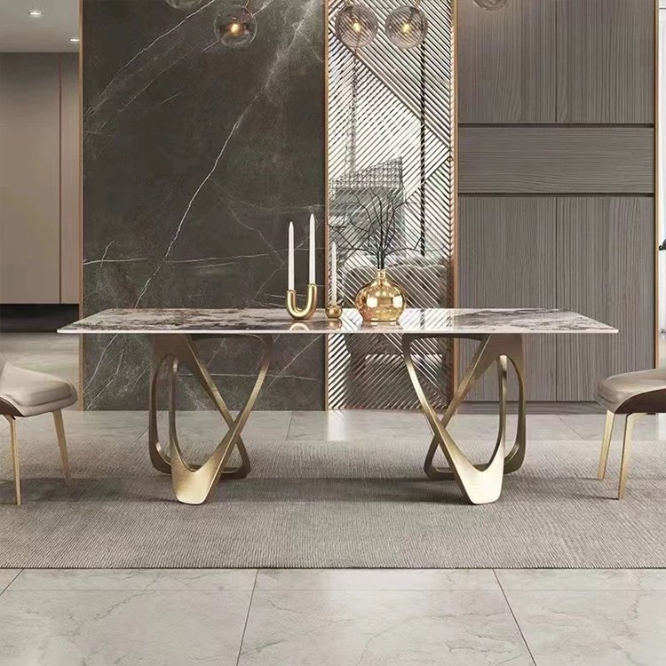 Luxury stainless steel dining table dinning set with 6 chairs dining table with mable top dining room furniture