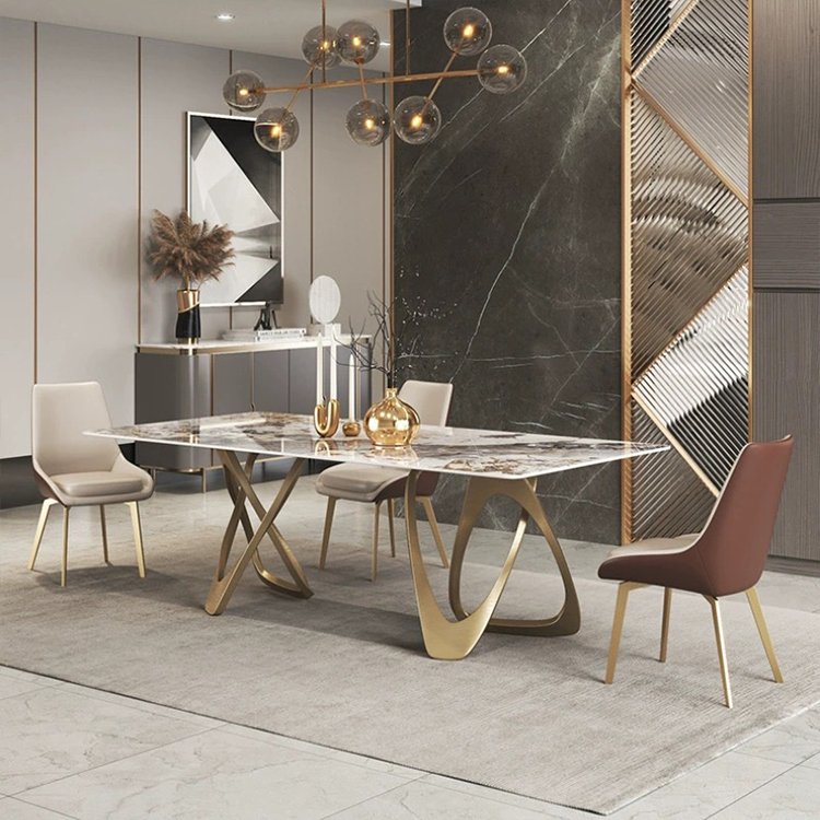 Luxury stainless steel dining table dinning set with 6 chairs dining table with mable top dining room furniture