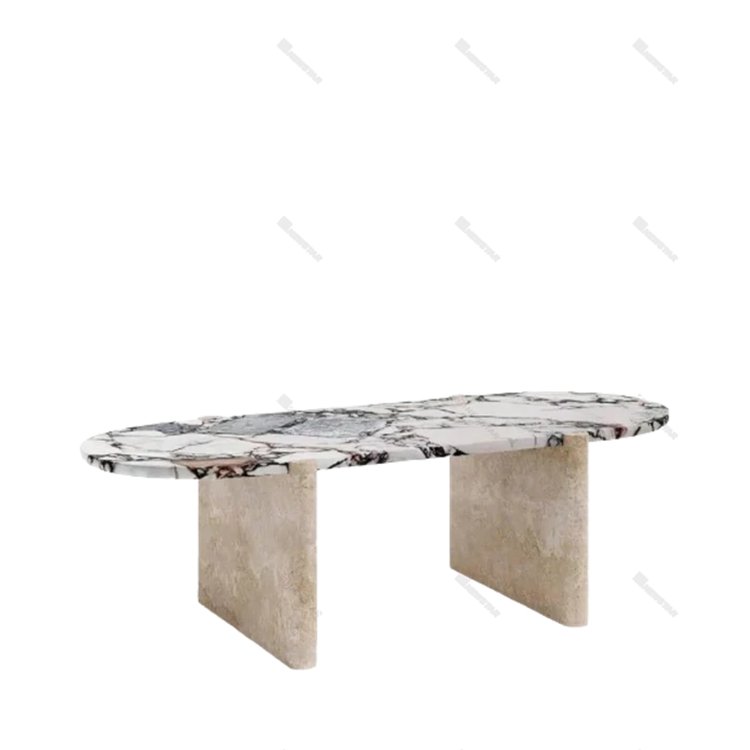 Newstar Natural Stone Dining Room Furniture Luxury Restaurant Calacatta Viola Marble Table Tops Travertine Leg Dining Table