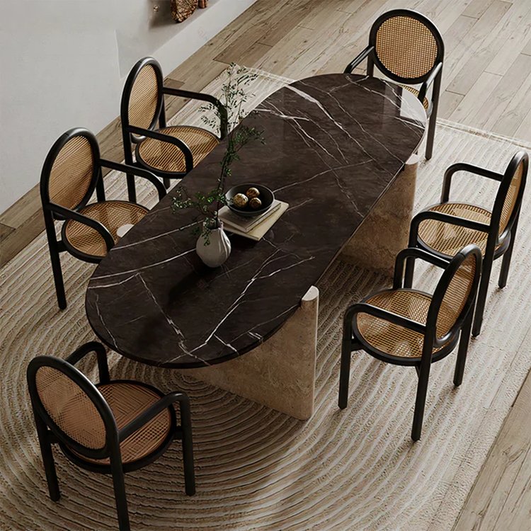 Newstar Natural Stone Dining Room Furniture Luxury Restaurant Calacatta Viola Marble Table Tops Travertine Leg Dining Table