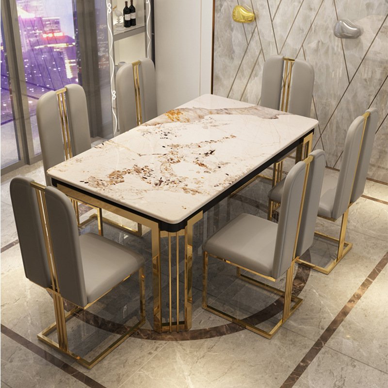 2024 Nordic Luxury Marble Dining Table golden stainless steel dining table with marble top Dining Table And Chair Set For 6