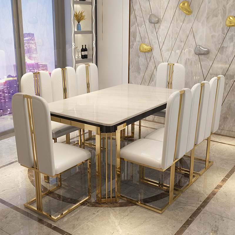 2024 Nordic Luxury Marble Dining Table golden stainless steel dining table with marble top Dining Table And Chair Set For 6