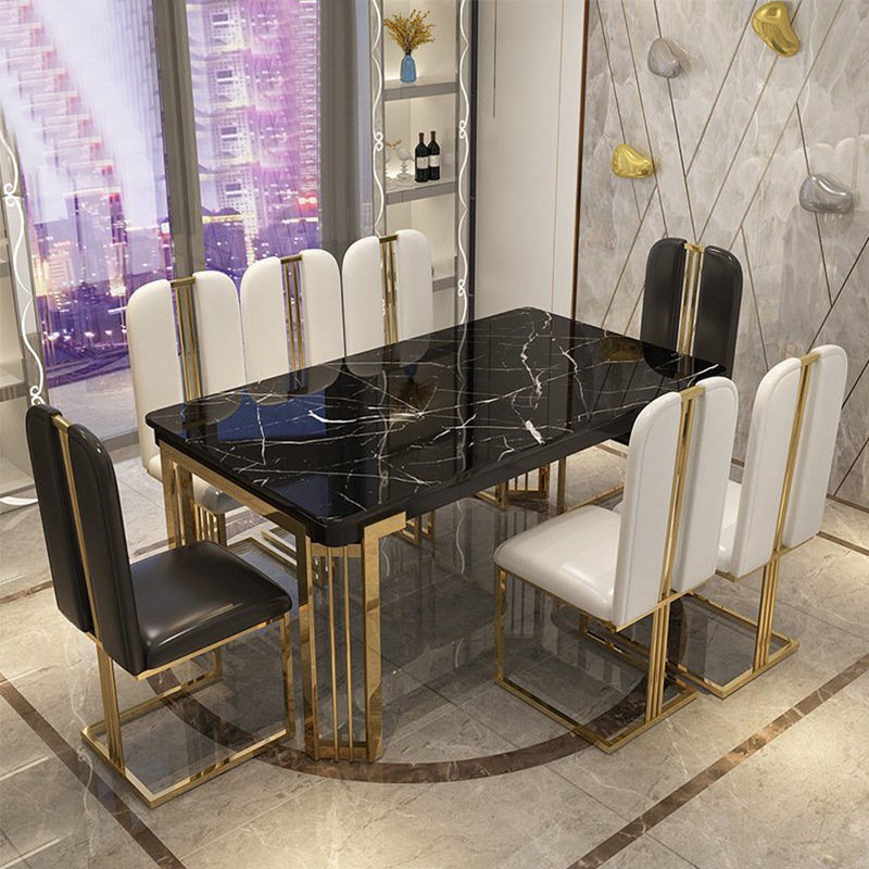 2024 Nordic Luxury Marble Dining Table golden stainless steel dining table with marble top Dining Table And Chair Set For 6