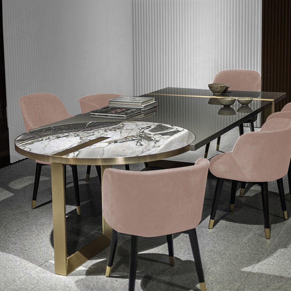Marble tabletop design luxury dining room furniture modern dining table golden metal luxury dining table for restaurant