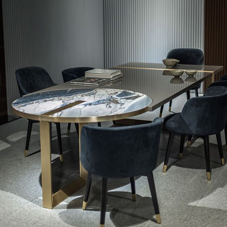 Marble tabletop design luxury dining room furniture modern dining table golden metal luxury dining table for restaurant
