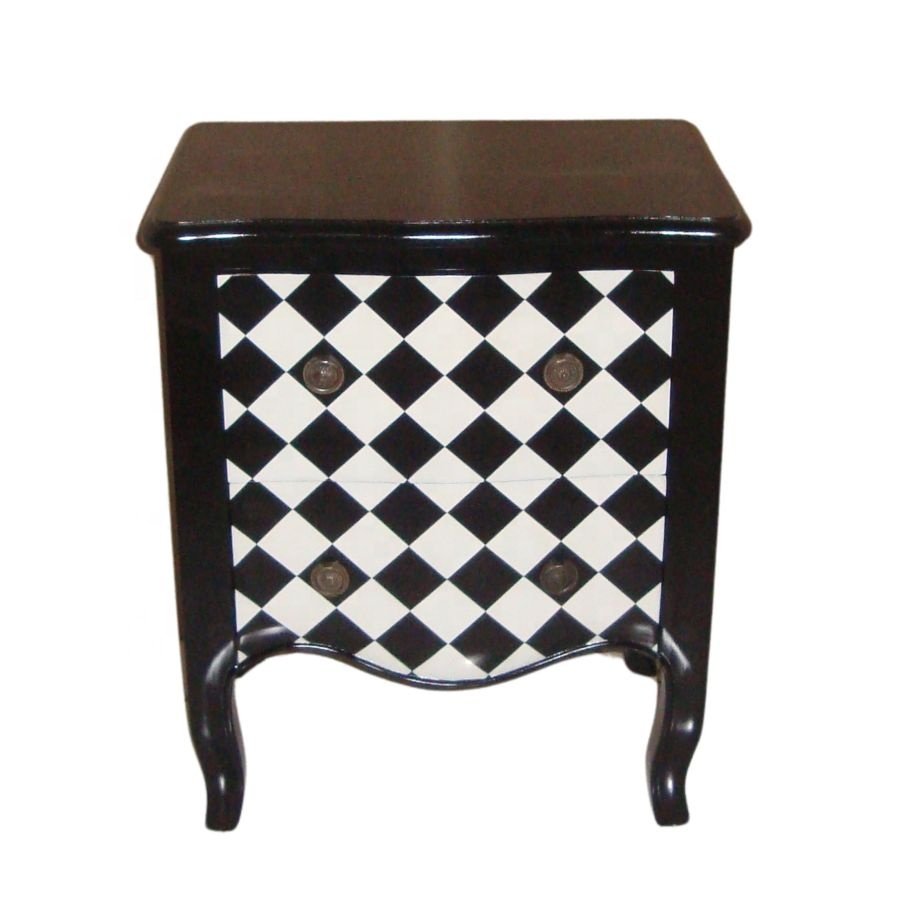 Solid Wood Bedsides Table Monochrome Black and White Painted Checker Nightstands Wooden Lamp Table in French Style Furniture