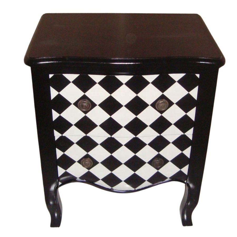 Solid Wood Bedsides Table Monochrome Black and White Painted Checker Nightstands Wooden Lamp Table in French Style Furniture