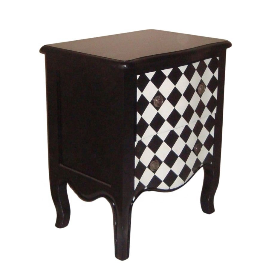 Solid Wood Bedsides Table Monochrome Black and White Painted Checker Nightstands Wooden Lamp Table in French Style Furniture