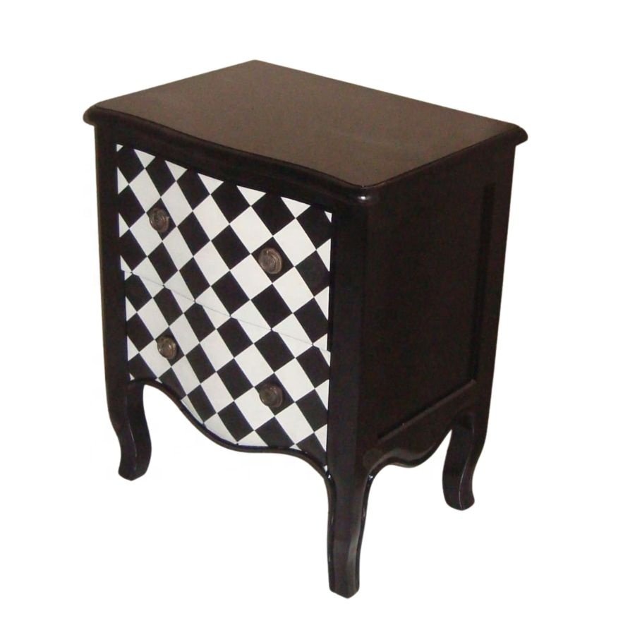Solid Wood Bedsides Table Monochrome Black and White Painted Checker Nightstands Wooden Lamp Table in French Style Furniture