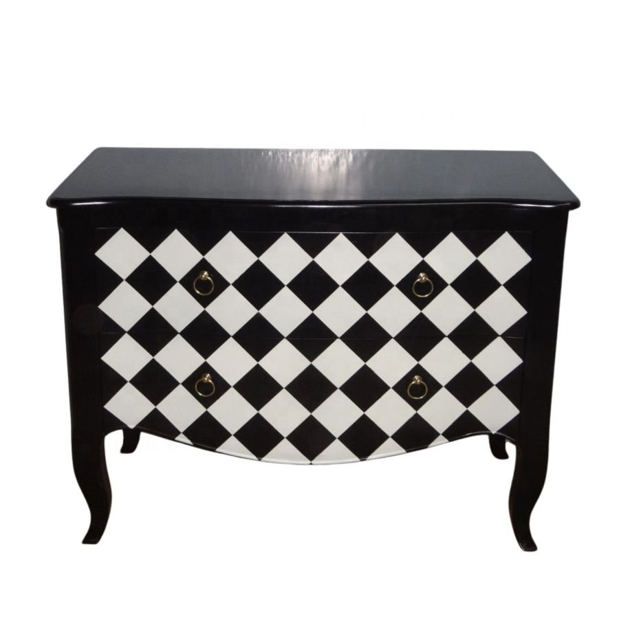 Solid Wood Bedsides Table Monochrome Black and White Painted Checker Nightstands Wooden Lamp Table in French Style Furniture