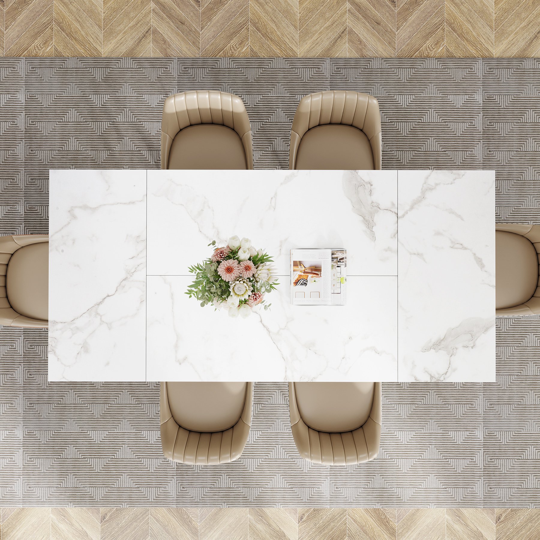 Faux Marble Rectangular Modern Dining Table Wood Kitchen Table with Geometric Frame luxury designs home dining room furniture