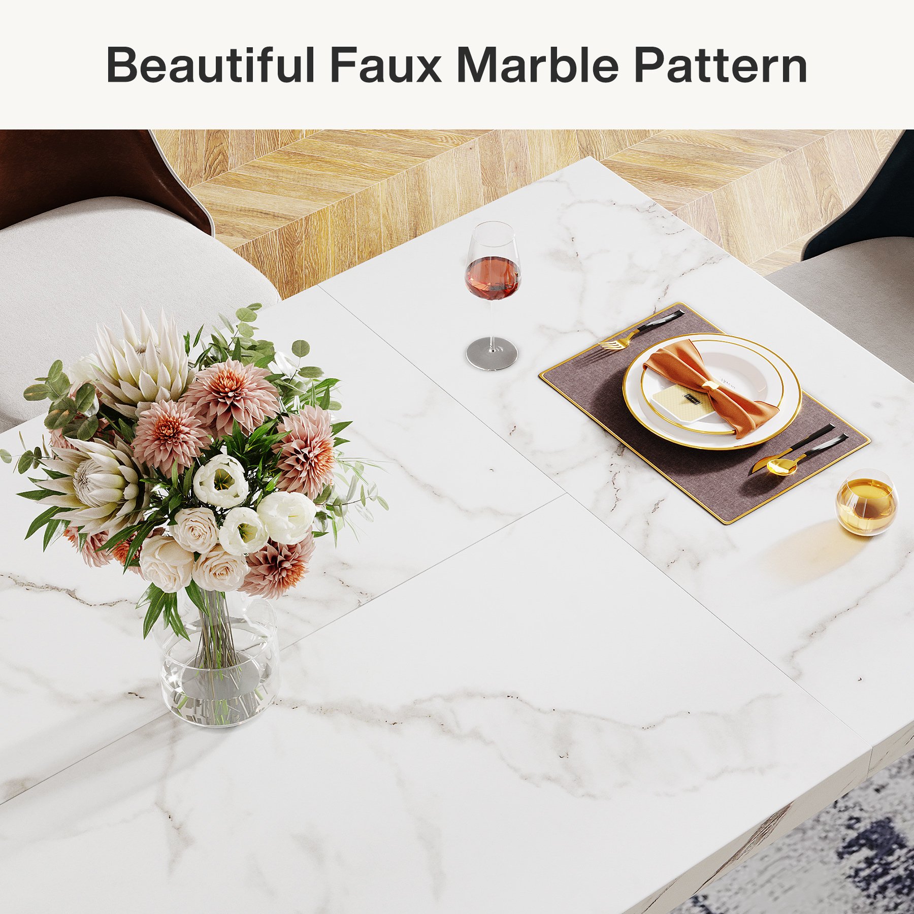 Faux Marble Rectangular Modern Dining Table Wood Kitchen Table with Geometric Frame luxury designs home dining room furniture