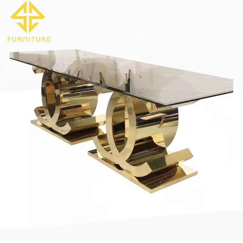 2022 Latest Glass Table Used for Wedding Event Stainless Steel Wedding Table Gold Luxury
