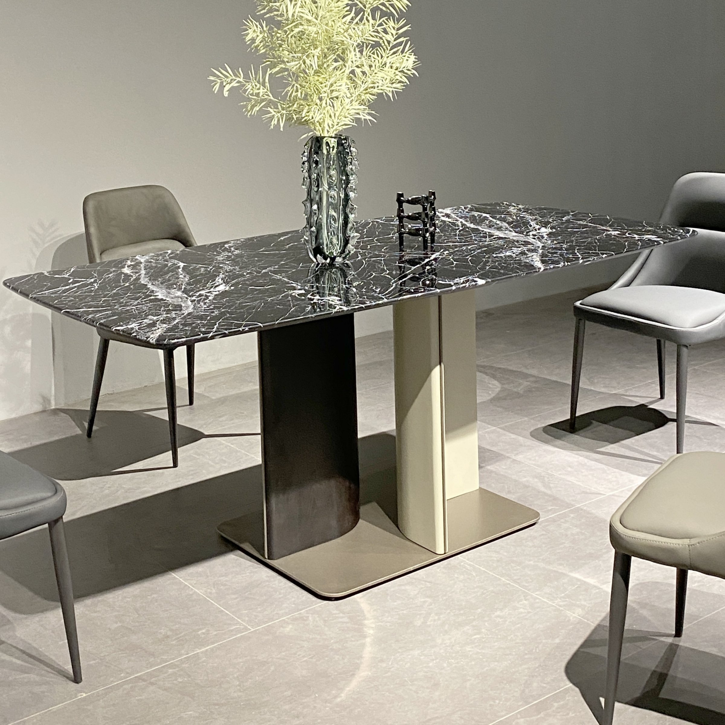 JS DS2002 Hot Sale Foshan Dining Furniture Rectangle Dinner Table Black/white Marble Top Dining Table Metal Base Ready To Ship