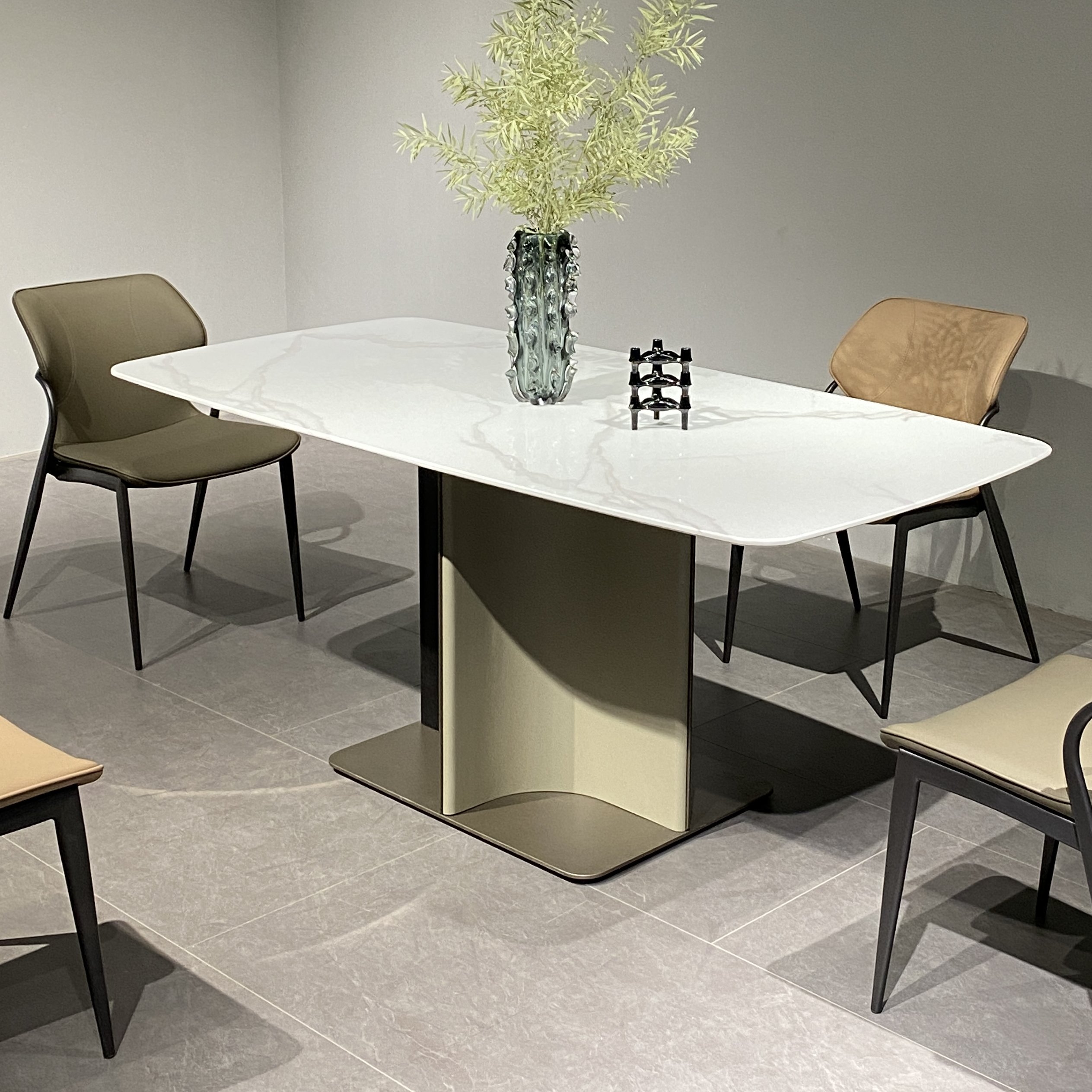 JS DS2002 Hot Sale Foshan Dining Furniture Rectangle Dinner Table Black/white Marble Top Dining Table Metal Base Ready To Ship