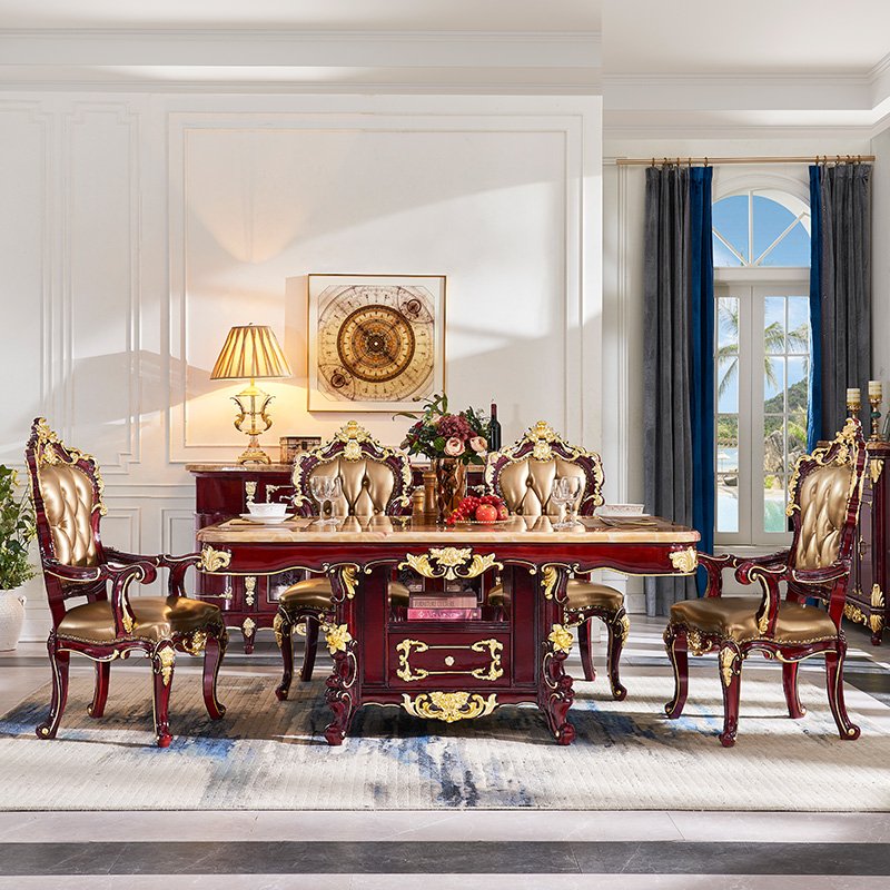 European Table American Solid Wood Red Sandalwood Gold Long Table Marble Dining Table Set