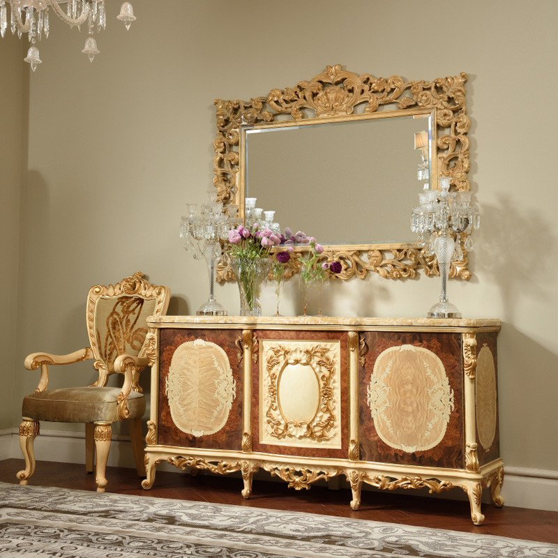 Baroque Antique Style Italian Dining Table with Chairs and Dining Cabinet 100% Solid Wood Italy Style Luxury Dining Table Set