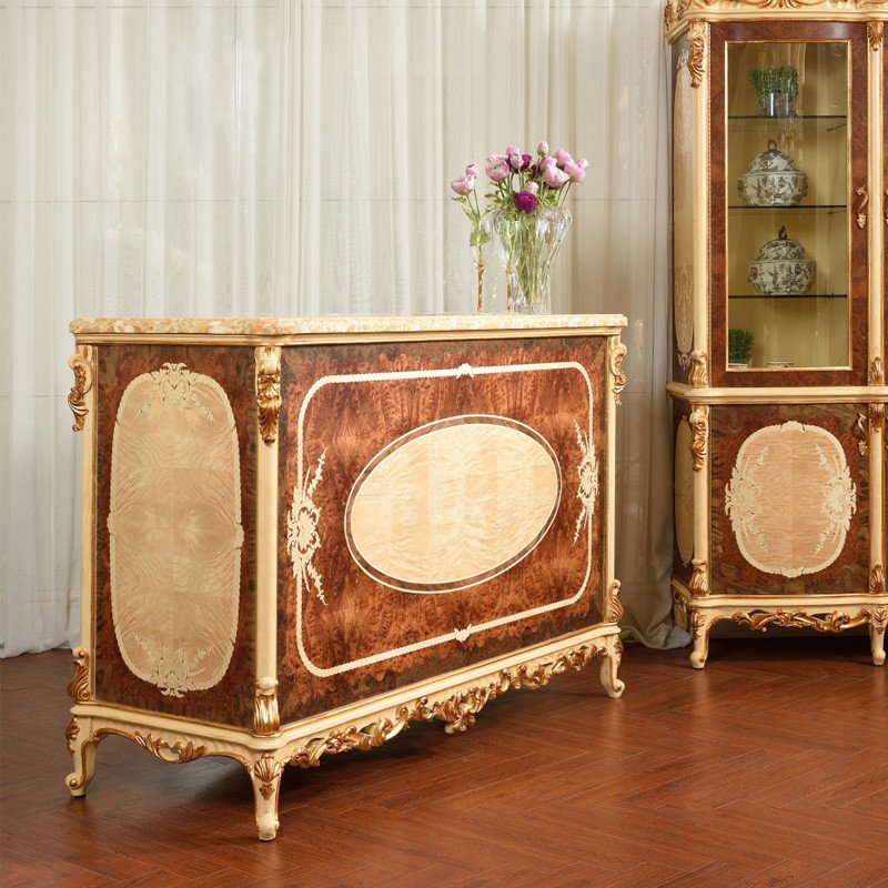 Baroque Antique Style Italian Dining Table with Chairs and Dining Cabinet 100% Solid Wood Italy Style Luxury Dining Table Set