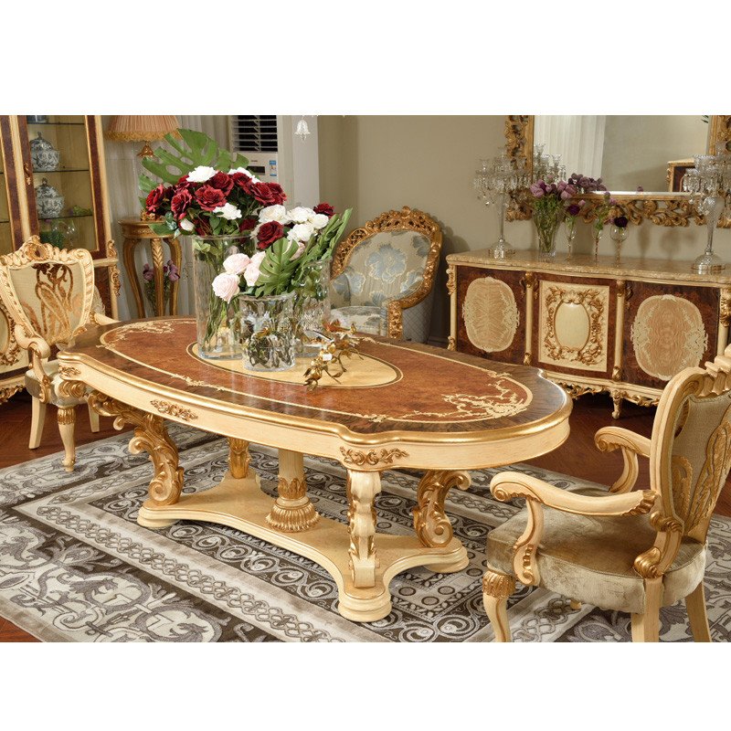 Baroque Antique Style Italian Dining Table with Chairs and Dining Cabinet 100% Solid Wood Italy Style Luxury Dining Table Set