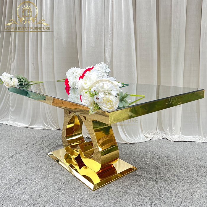 Wedding Gold Heart Shape Table Stainless Steel Party Rental Bride and Groom Glass Top Head Table