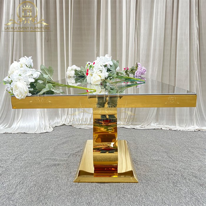 Wedding Gold Heart Shape Table Stainless Steel Party Rental Bride and Groom Glass Top Head Table