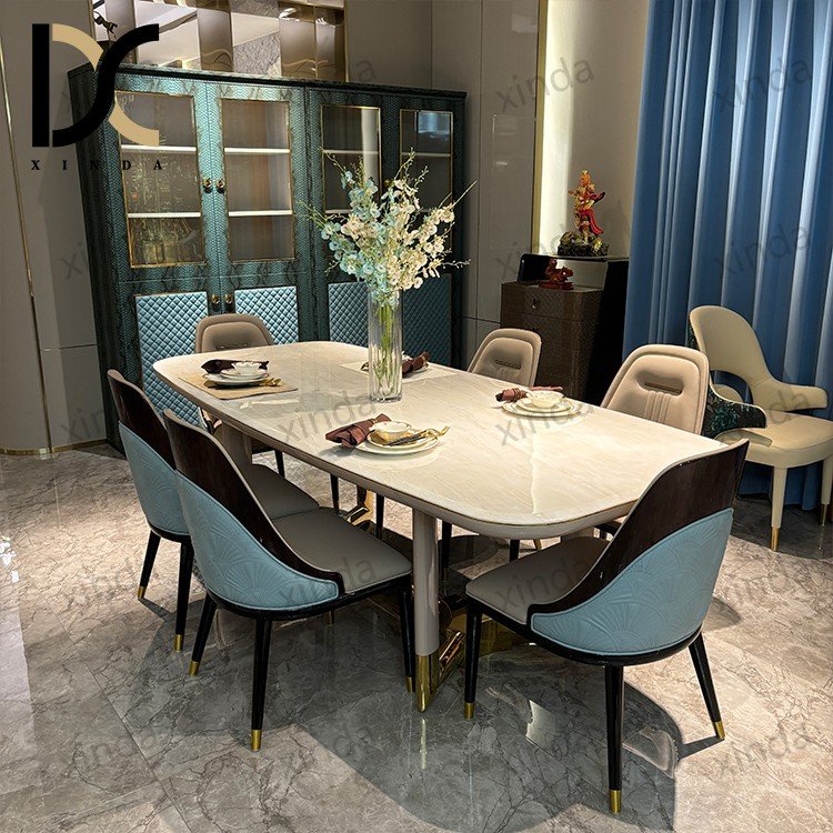 Modern Furniture kitchen dinning table and 6 chair Luxury restaurant metal stainless steel marble dining room sets dining tables