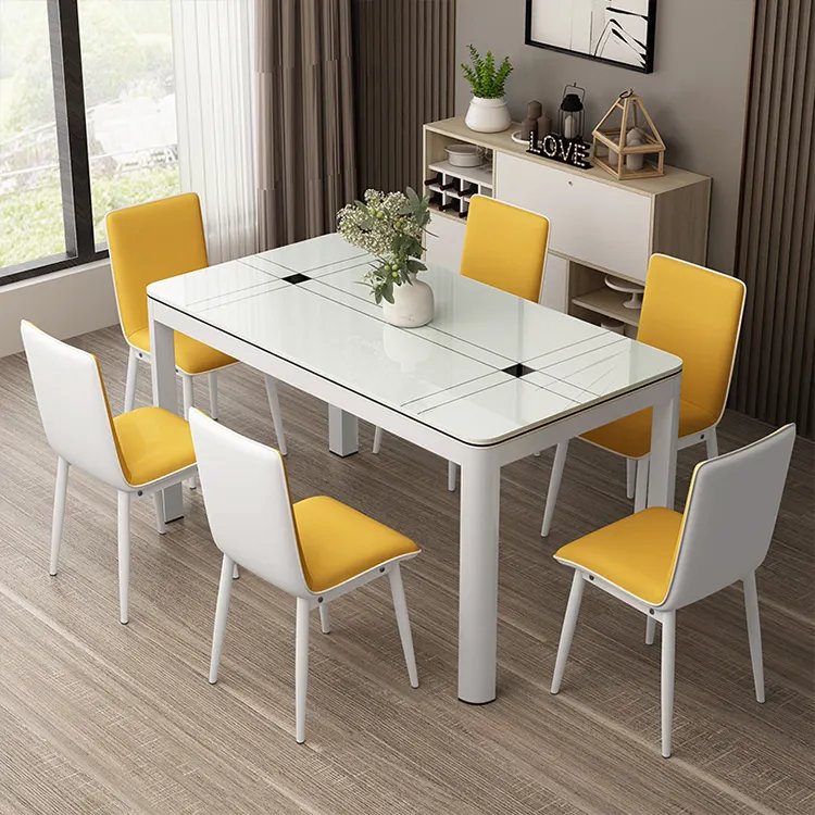 Modern Simple Nordic Tempered Glass Dinning Table Set For 6 Square Multi-Size Living Dining Coffee Table
