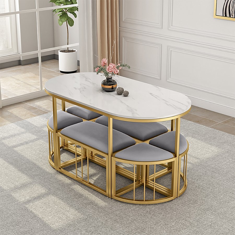 Luxury Modern Dining Room Restaurant 6 Seater Marble Top Gold Metal Base Dining Table Set
