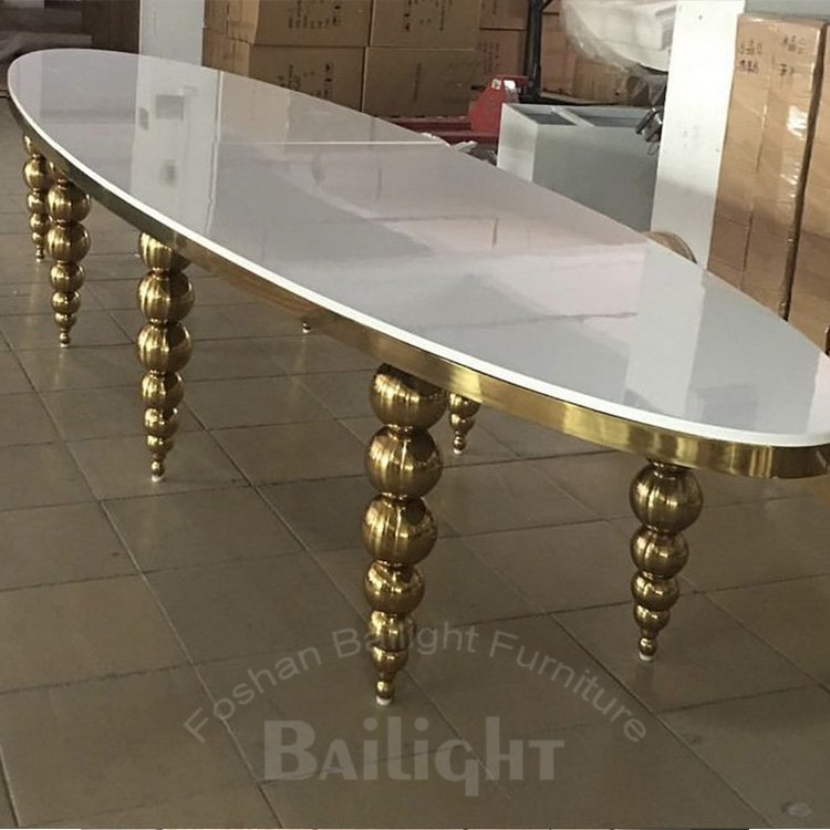 Luxurious golden metal frame glass top 12 seater hotel event dining table