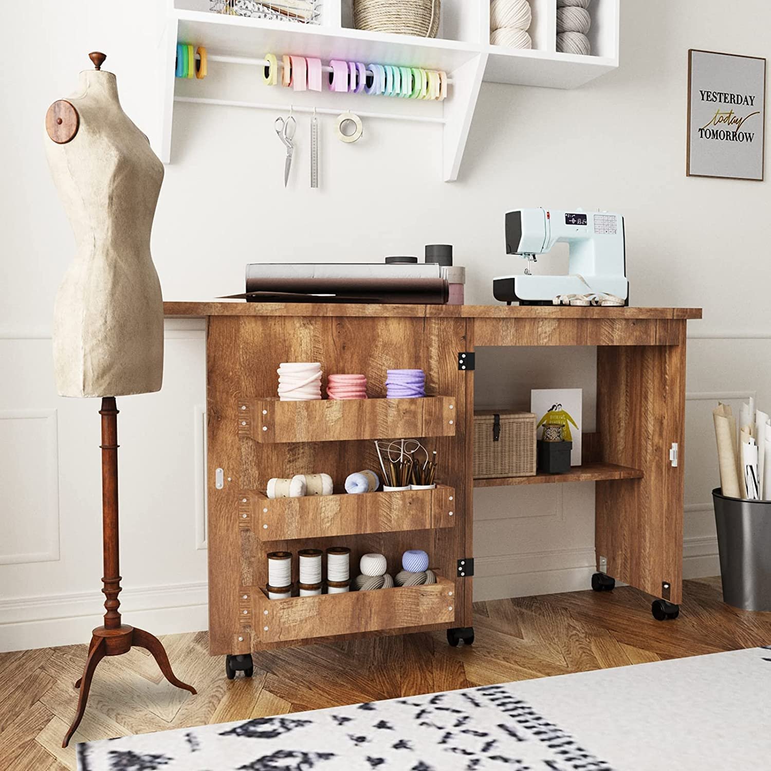 Folding Sewing Craft Table Foldable Multifunctional Wood Sewing Cabinet with 3 Storage Shelves
