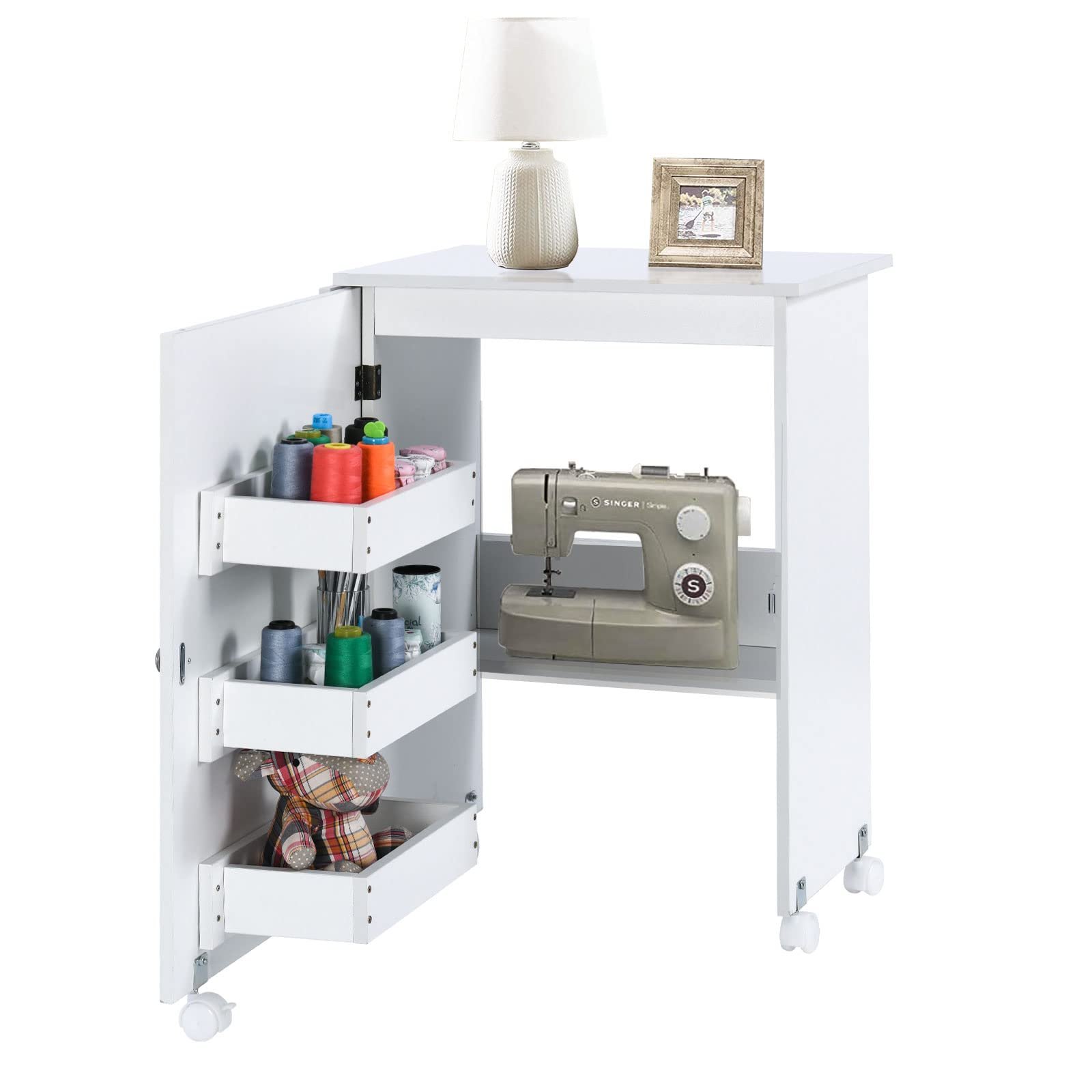 Folding Sewing Craft Table Foldable Multifunctional Wood Sewing Cabinet with 3 Storage Shelves