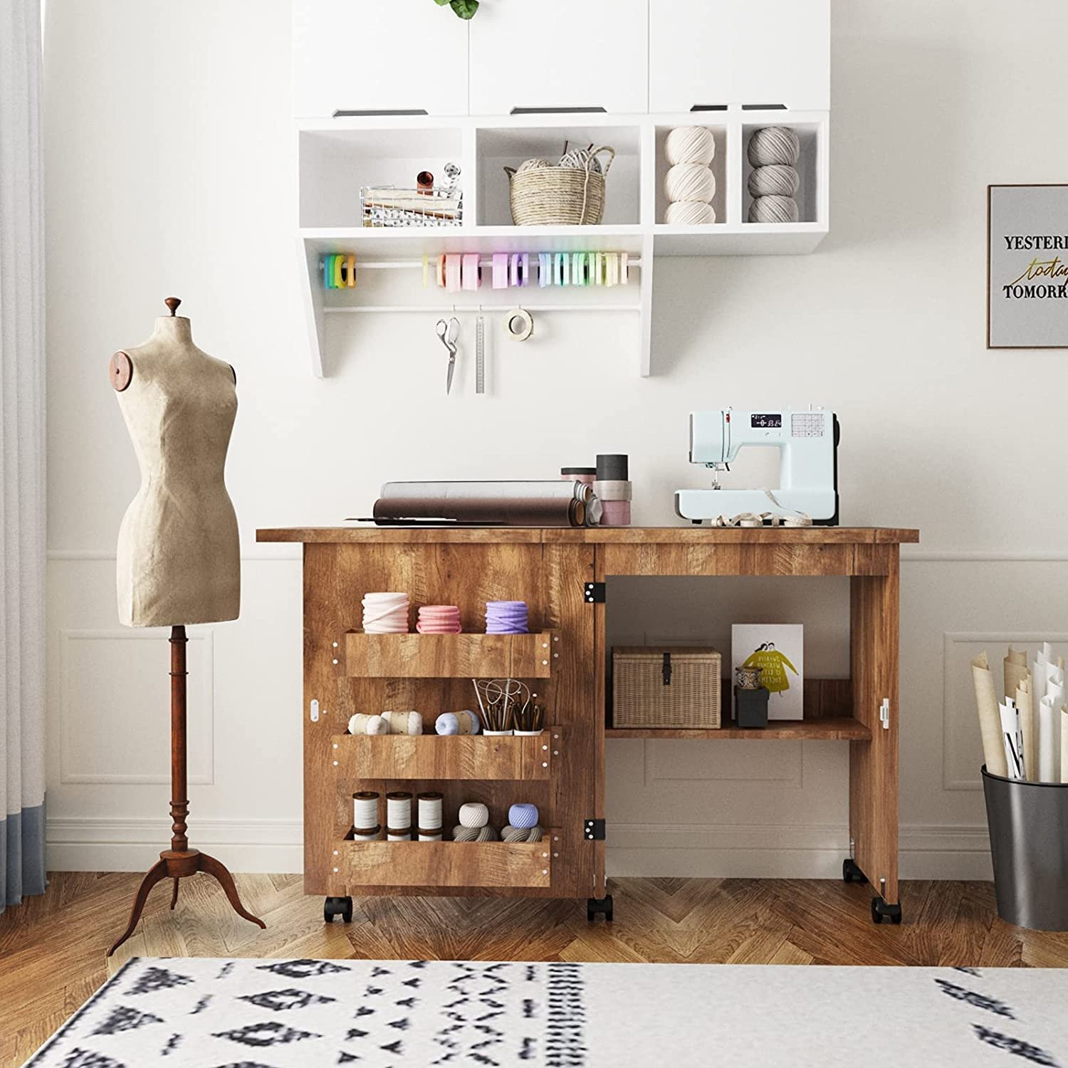 Folding Sewing Craft Table Foldable Multifunctional Wood Sewing Cabinet with 3 Storage Shelves