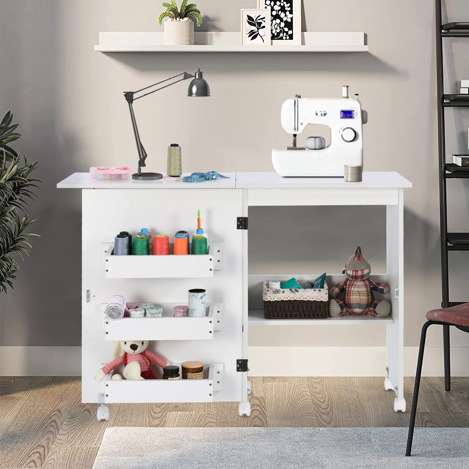 Folding Sewing Craft Table Foldable Multifunctional Wood Sewing Cabinet with 3 Storage Shelves