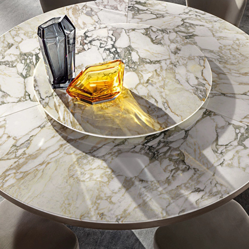 Ccj Italian Style Minimalism Large Round Marble Black And Gold Dinning Table Luxury Marble Dinning Table with Turntable