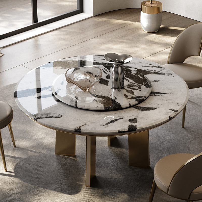 Ccj Italian Style Minimalism Large Round Marble Black And Gold Dinning Table Luxury Marble Dinning Table with Turntable
