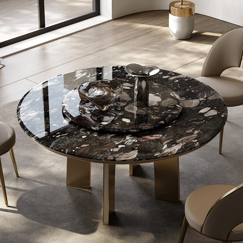 Ccj Italian Style Minimalism Large Round Marble Black And Gold Dinning Table Luxury Marble Dinning Table with Turntable