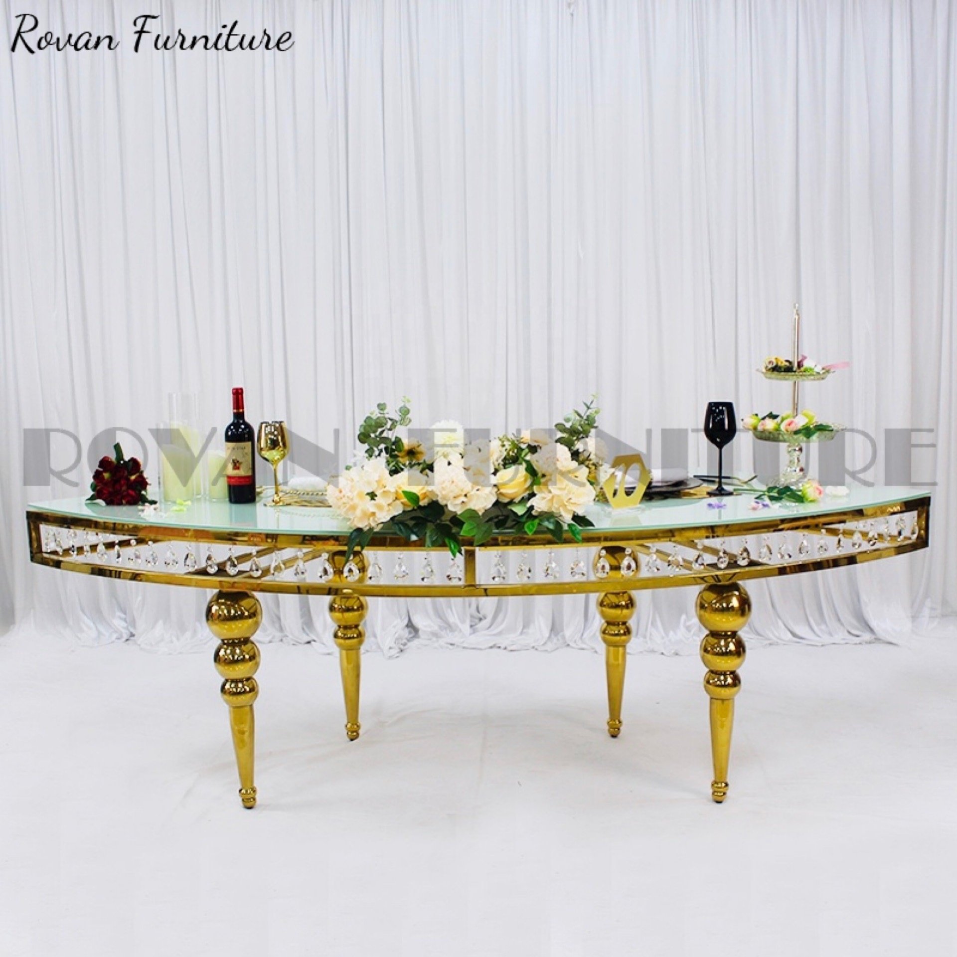 Serpentine Table Gold Glass Stainless Steel with Crystal Latest Style Luxury for Wedding Used Dining Table Dining Room Furniture