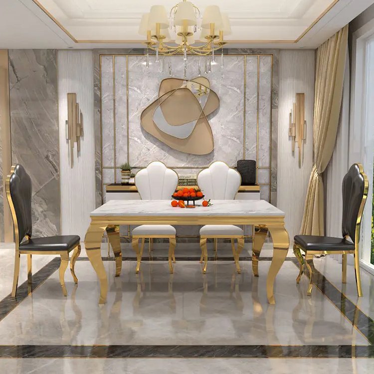 white marble top gold stainless steel luxury modern dining room table set for 6