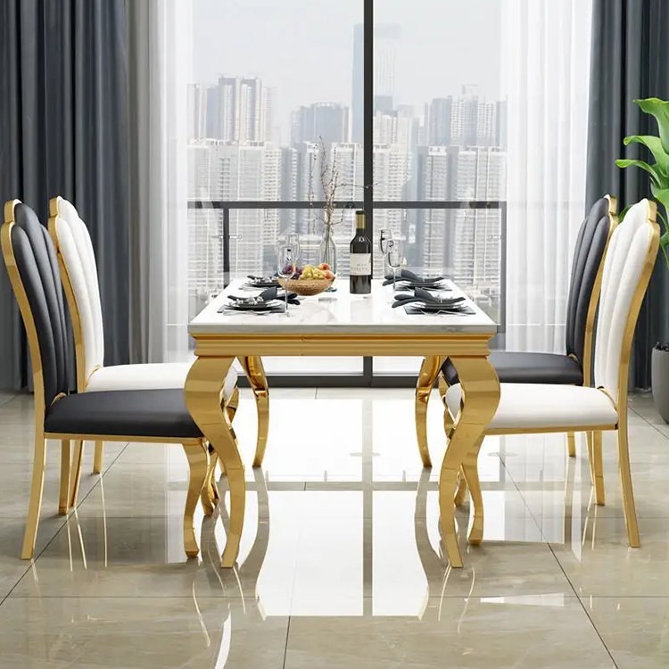 white marble top gold stainless steel luxury modern dining room table set for 6