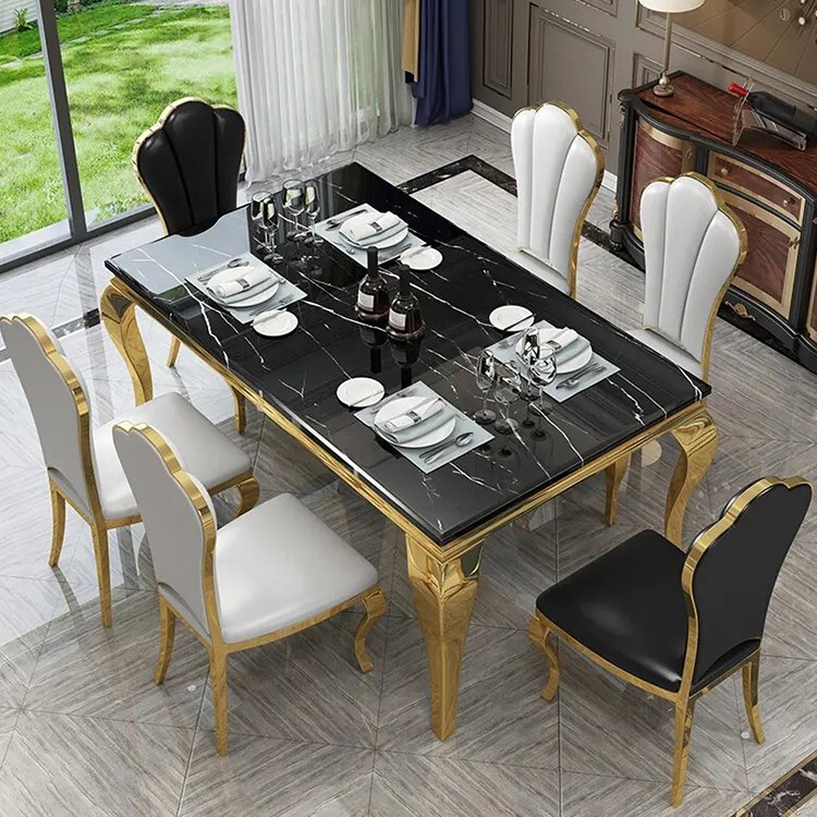 white marble top gold stainless steel luxury modern dining room table set for 6