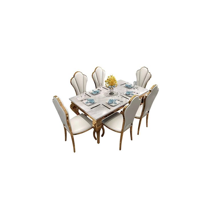 white marble top gold stainless steel luxury modern dining room table set for 6