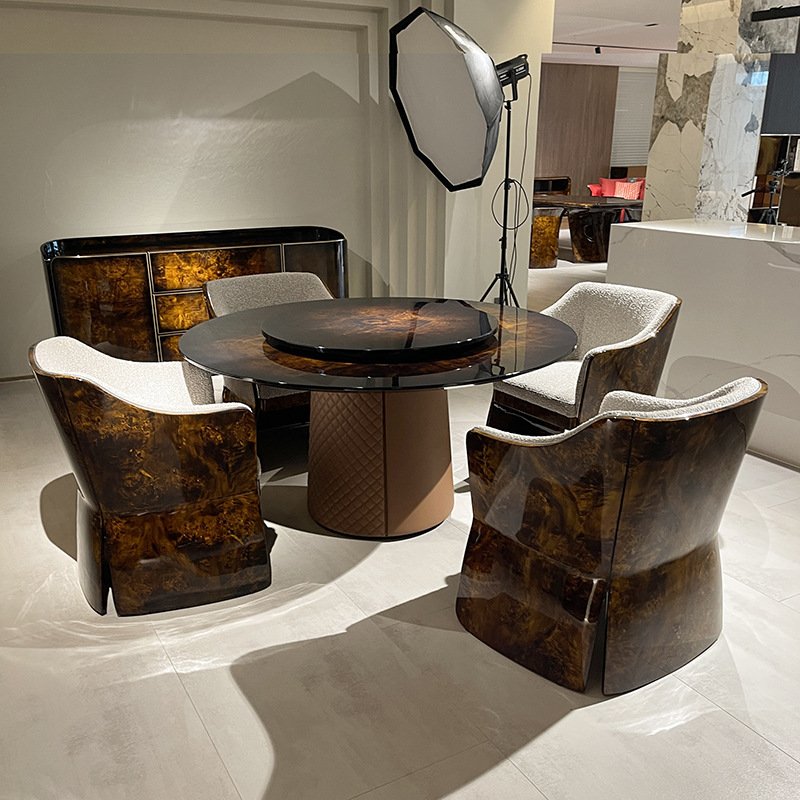 Modern dining furniture solid wood glossy round dining table set round table luxury dining table set with rotating centre