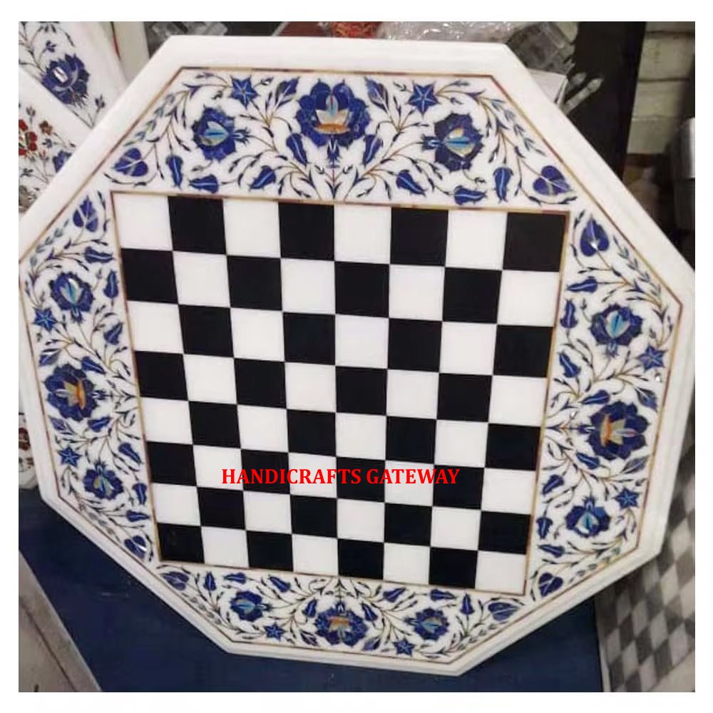 White Marble Chess With Floral Inlay Design Octagonal Shape Coffee Table Top For Home And Hotel Decorative Product In Best Price